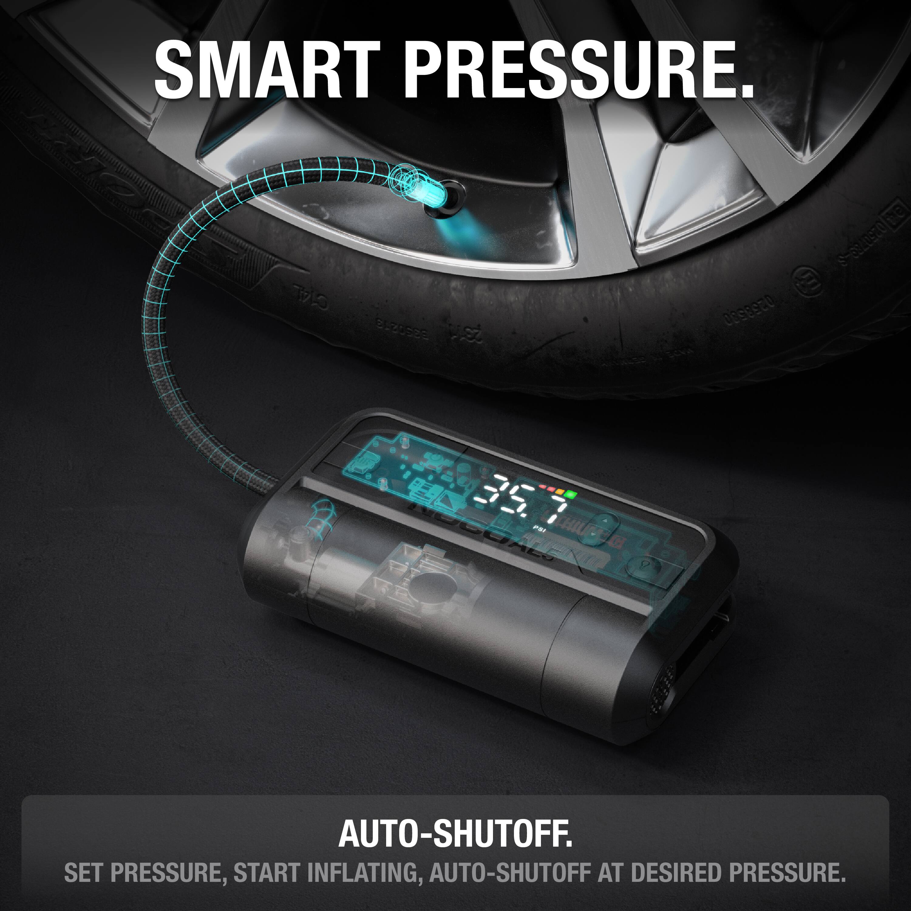 SMART PRESSURE.

AUTO-SHUTOFF.
SET PRESSURE, START INFLATING, AUTO-SHUTOFF AT DESIRED PRESSURE.