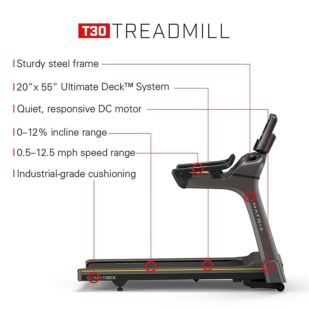 T30 Treadmill:

* Sturdy steel frame
* 20" x 55" Ultimate DeckTM System
* Quiet, responsive DC motor
* 0-12% incline range | 0.5-12.5 mph speed range
* Industrial-grade cushioning MATRIX
* Lifetime Deck