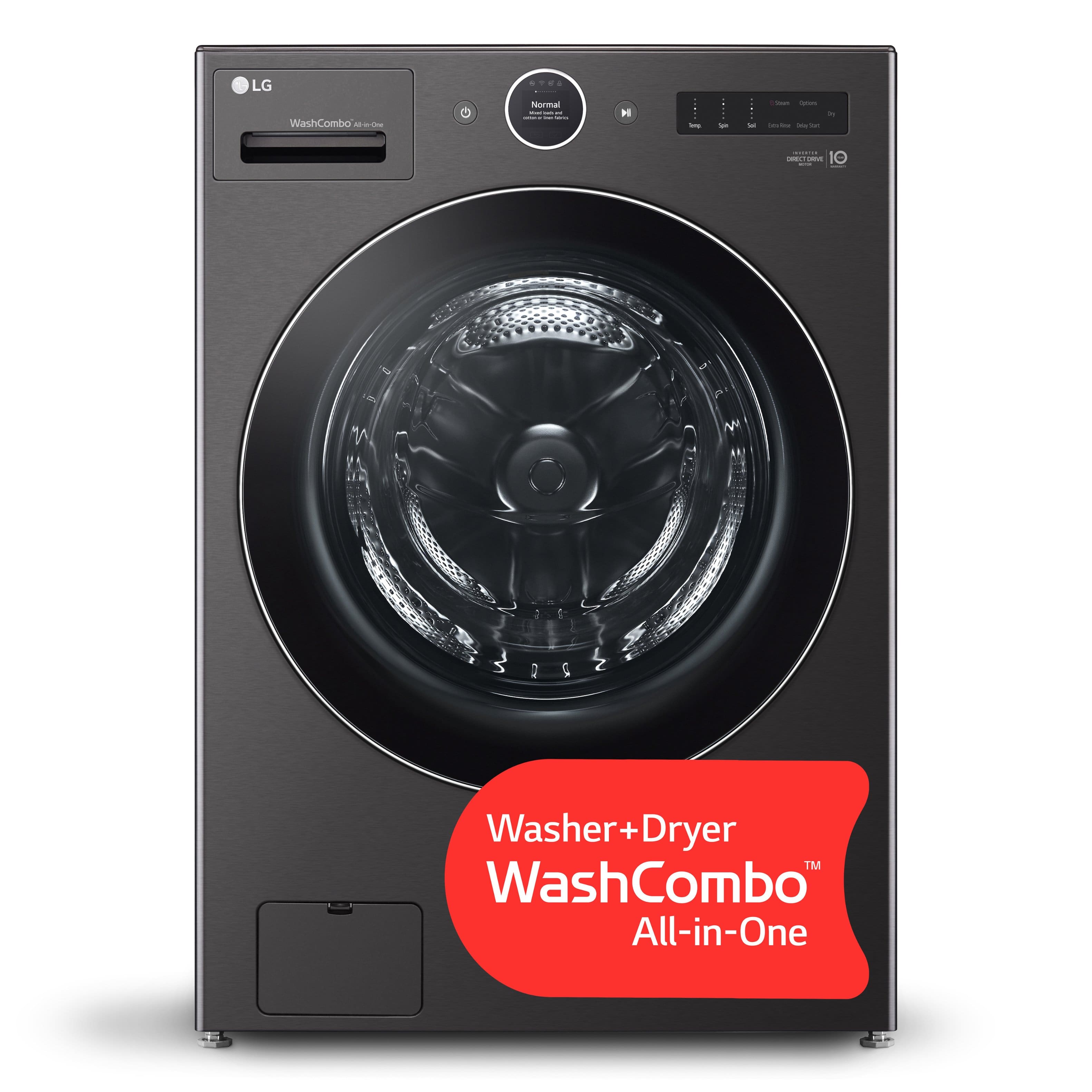 The image features a washer and dryer combo by LG. The washer is black and has a large glass door, while the dryer is also black and has a large glass door as well. The appliance is designed to be energy-efficient and convenient for users. The image is a close-up of the front of the washer and dryer combo, showcasing the features and design of the appliance.