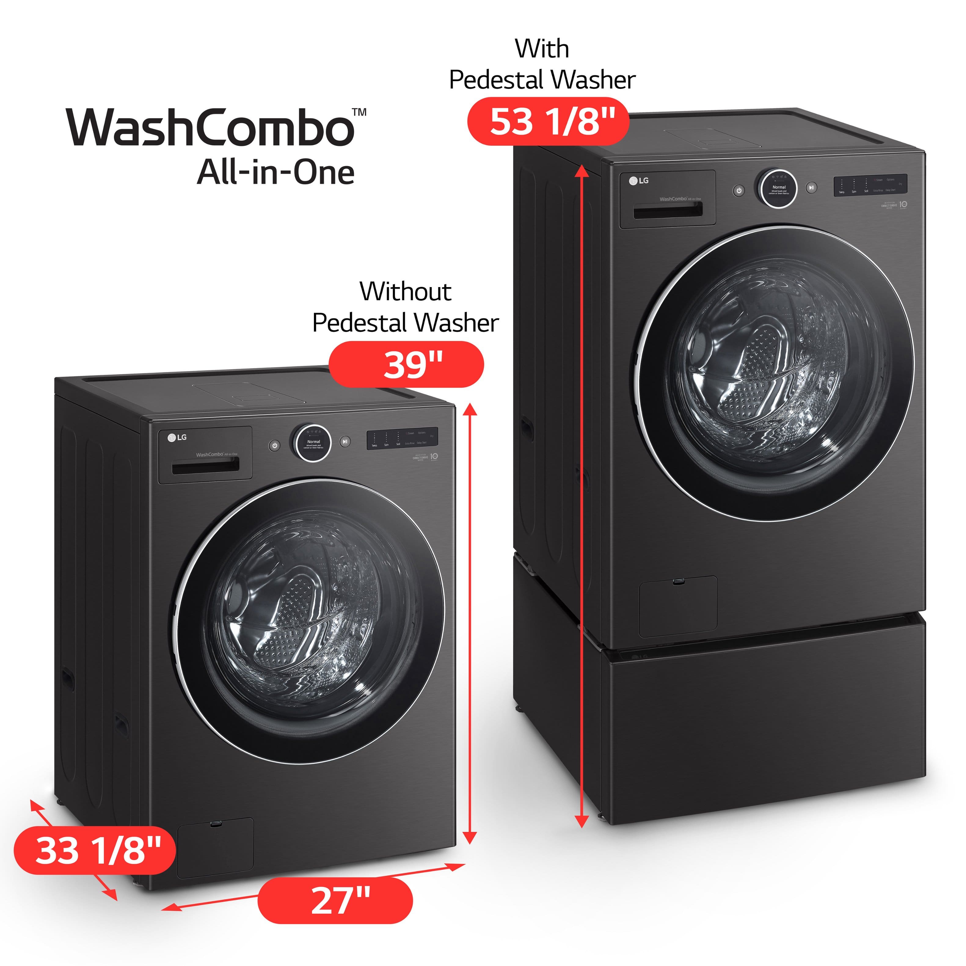 The image features two washing machines, one with a pedestal washer and the other without. The washing machine with the pedestal washer is 53 1/8" tall, while the one without the pedestal washer is 39" tall. The image also shows the dimensions of the washing machines, with the one having a pedestal washer measuring 33 1/8" tall and 27" wide, and the other one measuring 33 1/8" tall and 27" wide.