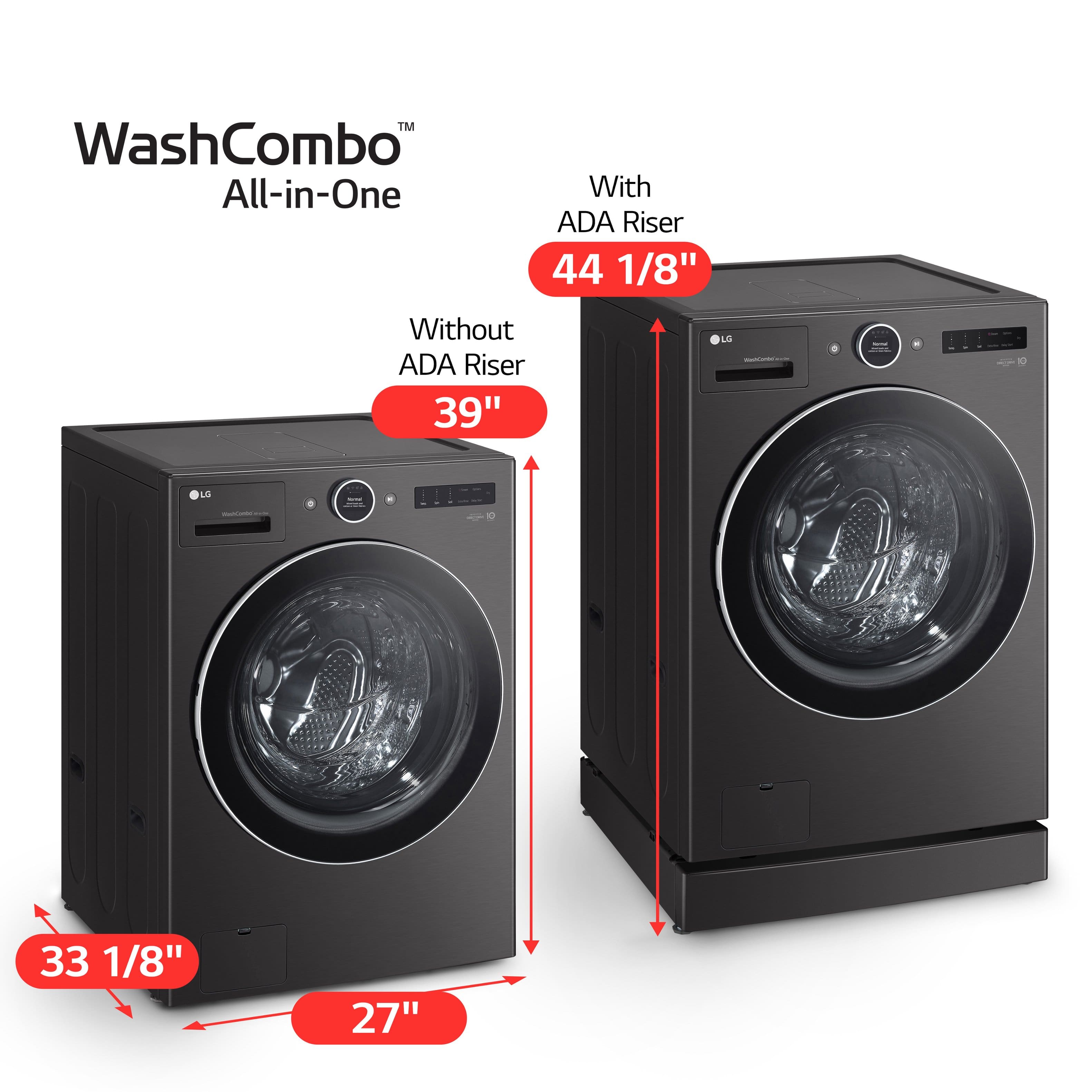 The image features two washing machines, one with an ADA Riser and the other without. The washing machine with the ADA Riser is 44 1/8" tall, while the one without the ADA Riser is 39" tall. The image is promoting the WashCombo All-in-One, which is an energy-efficient washing machine and dryer combo.