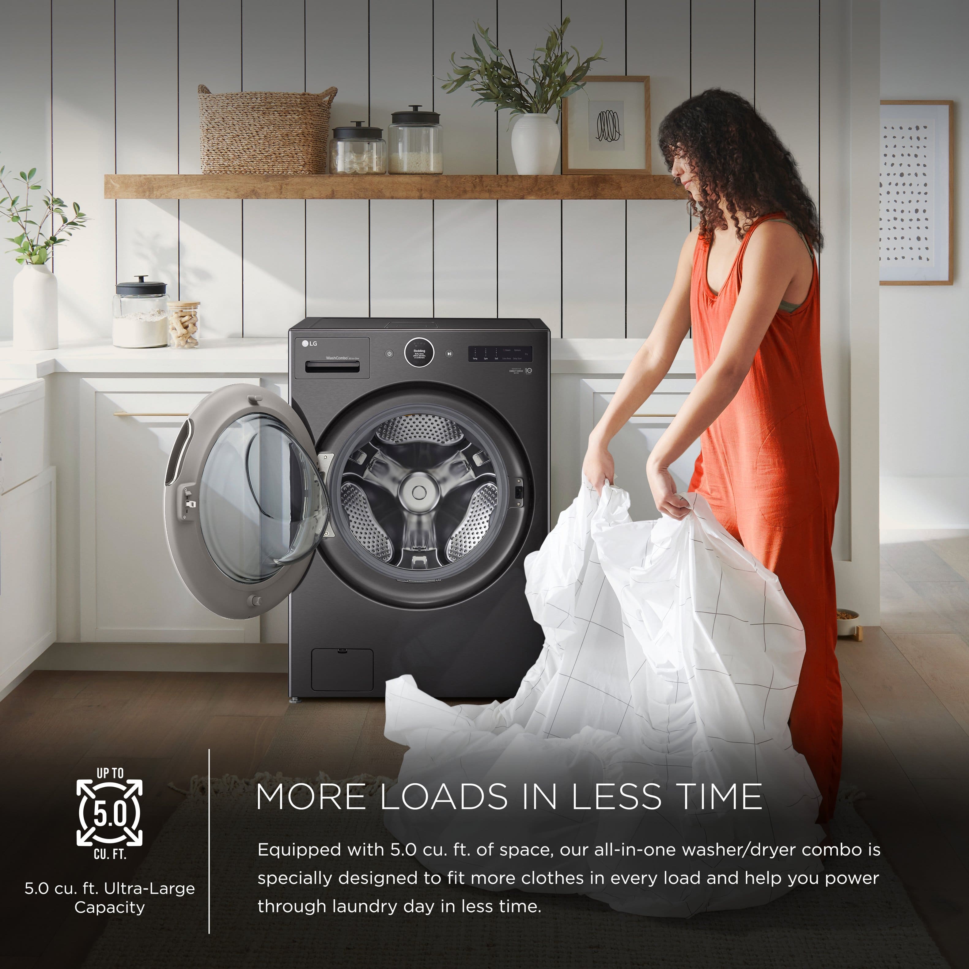 The image features a woman standing in a room with a washer and dryer combo. The washer is large and occupies a significant portion of the room. The woman is holding a bag, possibly filled with clothes to be washed. The scene suggests that the washer and dryer combo are designed to handle a large capacity of laundry, making it more efficient and convenient for the user.