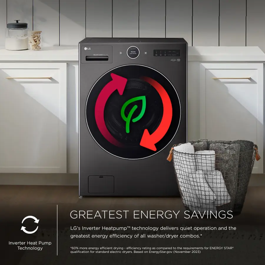 LG GREATEST ENERGY SAVINGS C LG's Inverter Heatpump technology delivers quiet operation and the greatest energy efficiency of all washer/dryer combos. Inverter Heat Pump Technology *60% more energy efficient drying - efficiency rating as compared to the requirements for ENERGY STAR qualification for standard electric dryers. Based on EnergyStar.gov (November 2023).