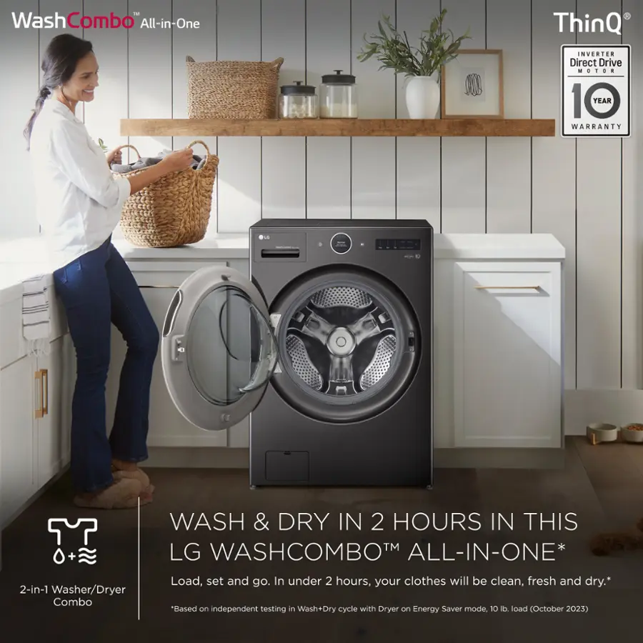 The image features a woman standing next to a washer and dryer combo, which is advertised as a 2-in-1 appliance that can wash and dry clothes in just 2 hours. The appliance is made by LG and is part of the ThinQ Inverter Direct Drive technology. The woman is holding a basket, possibly for collecting the clean clothes after the wash and dry cycle is complete. The advertisement emphasizes the convenience and efficiency of this all-in-one appliance, making it an attractive option for those looking to save time and energy in their laundry routine.