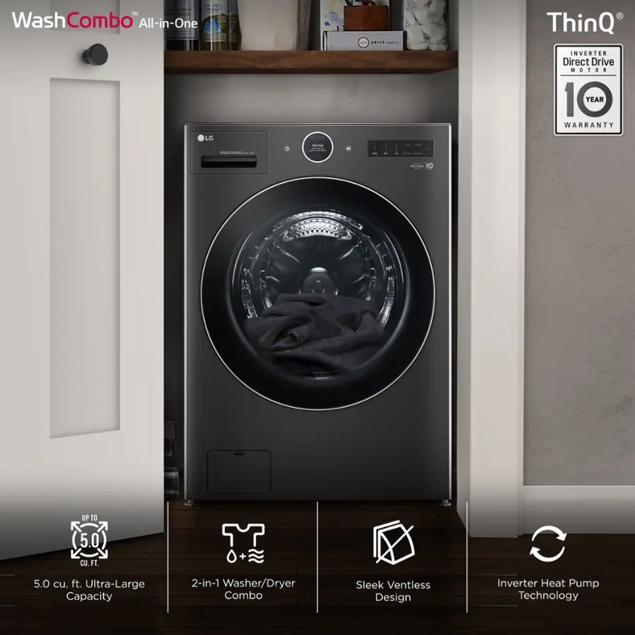 The image features a large, modern-looking washer and dryer combo. The washer is positioned next to the dryer, and they are both placed in a room with a white door. The washer and dryer are described as having a sleek design and being ventless, which means they do not require an external vent for proper air circulation. Additionally, the washer and dryer combo is equipped with an inverter, which is a type of motor that provides more efficient and precise control of the appliance's speed. The image also shows a 10-year warranty for the appliance, indicating that it is a high-quality and reliable product.