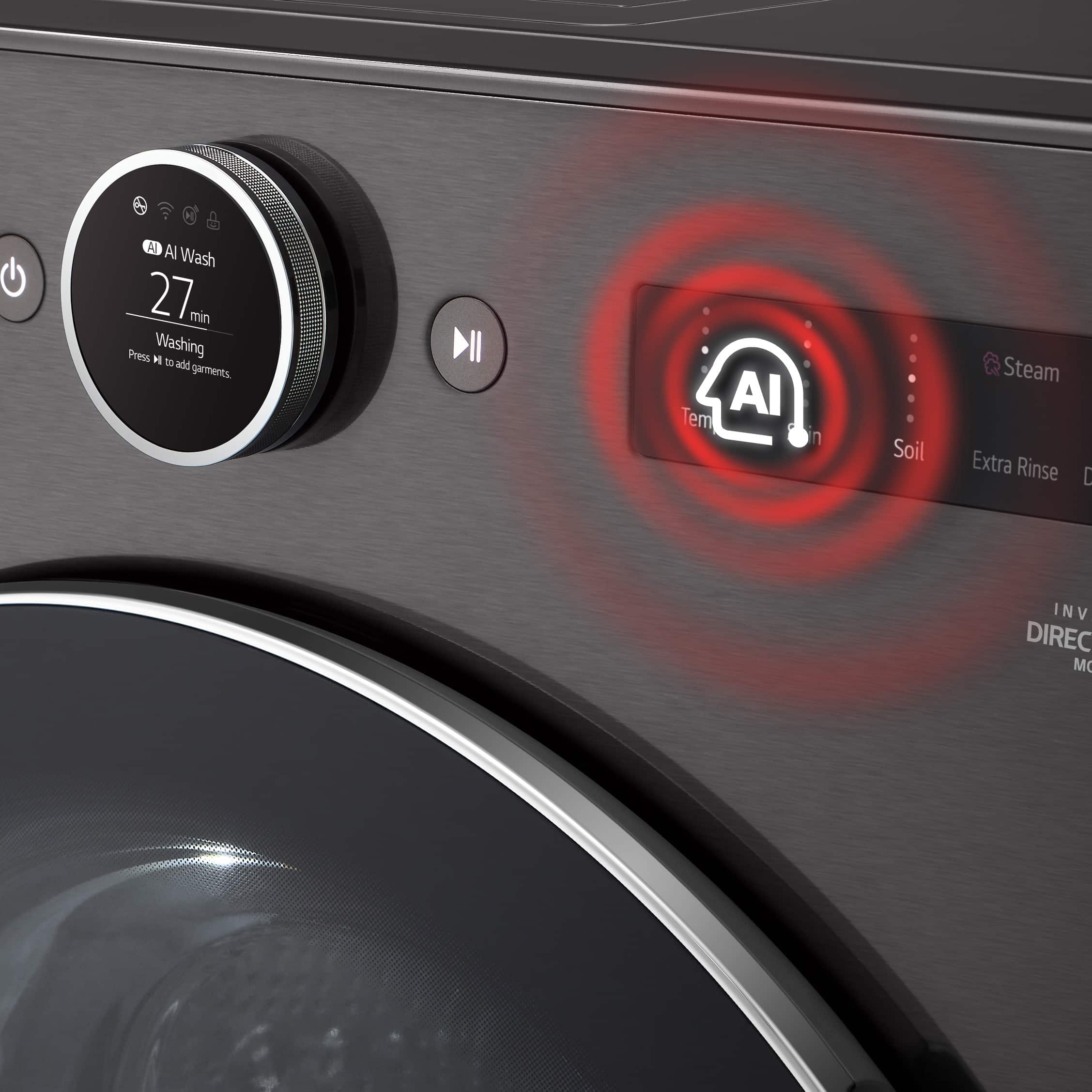 The image features a washing machine with a red button that says "AI" on it. The button is surrounded by a red circle, which is illuminated. The machine also has a timer that shows 27 minutes left to go.