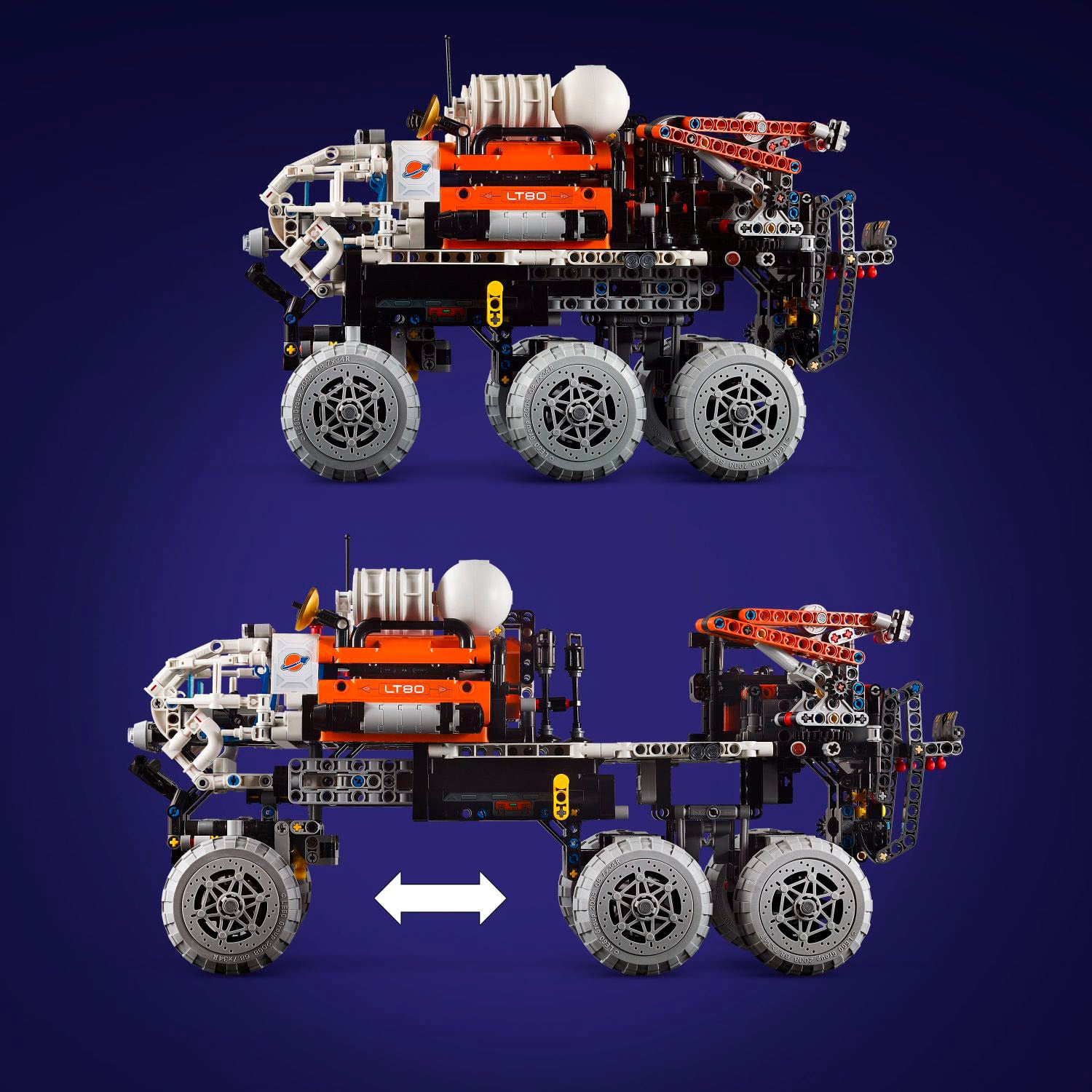 The image features a large robot with six wheels, which is likely a part of a LEGO creation. The robot is orange and white in color, and it has a unique design with a long arm and a rocket on top. The robot is positioned on a blue background, which further highlights its vibrant colors. The robot's wheels are spread out across its body, providing stability and mobility. The overall scene showcases the creativity and engineering behind this LEGO robot.