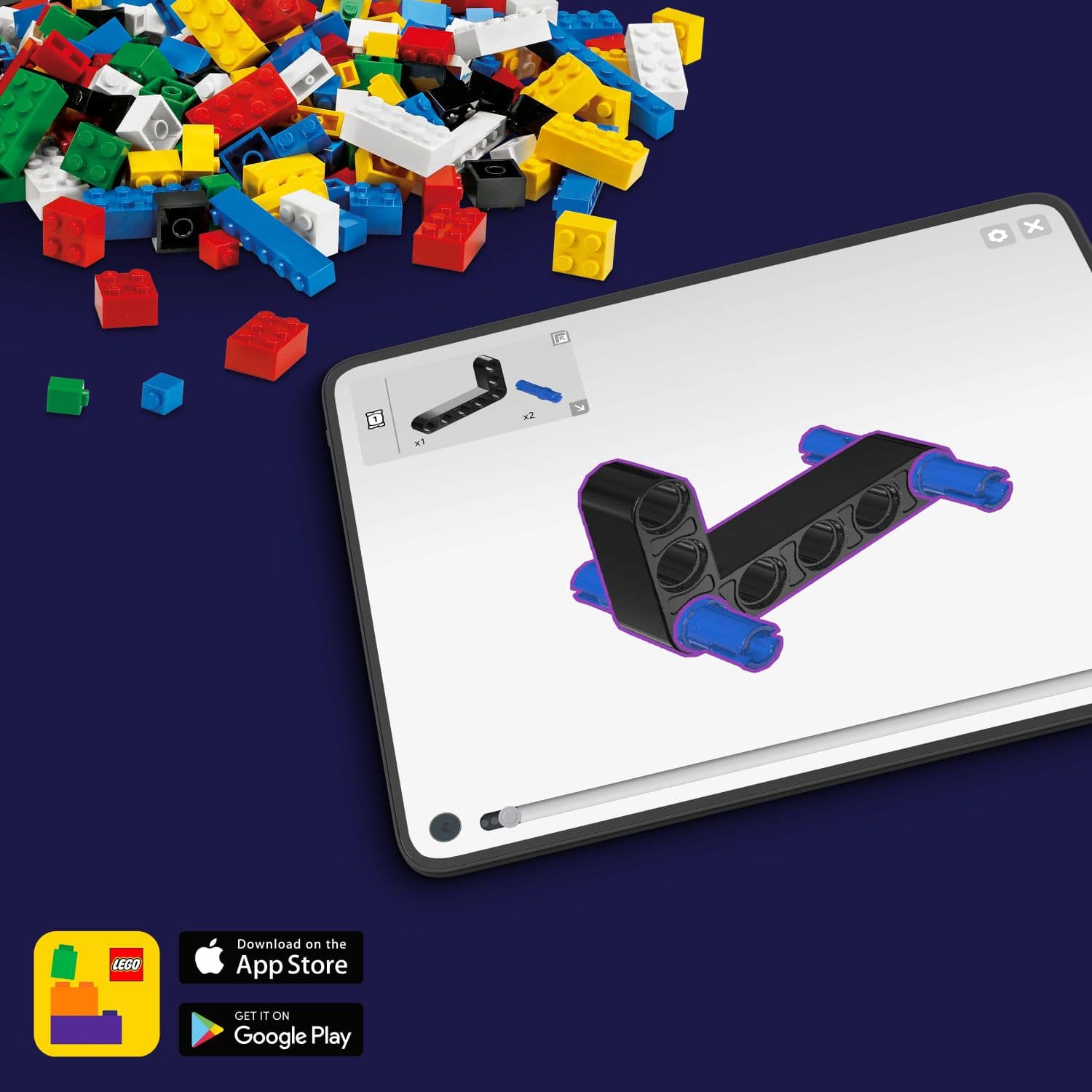 The image features a laptop computer with a 3D model of a Lego structure on the screen. The laptop is placed on a table with a pile of Lego blocks nearby. The image is categorized as Blocks & Building Sets, and there is a download link for the app on the App Store and Google Play.