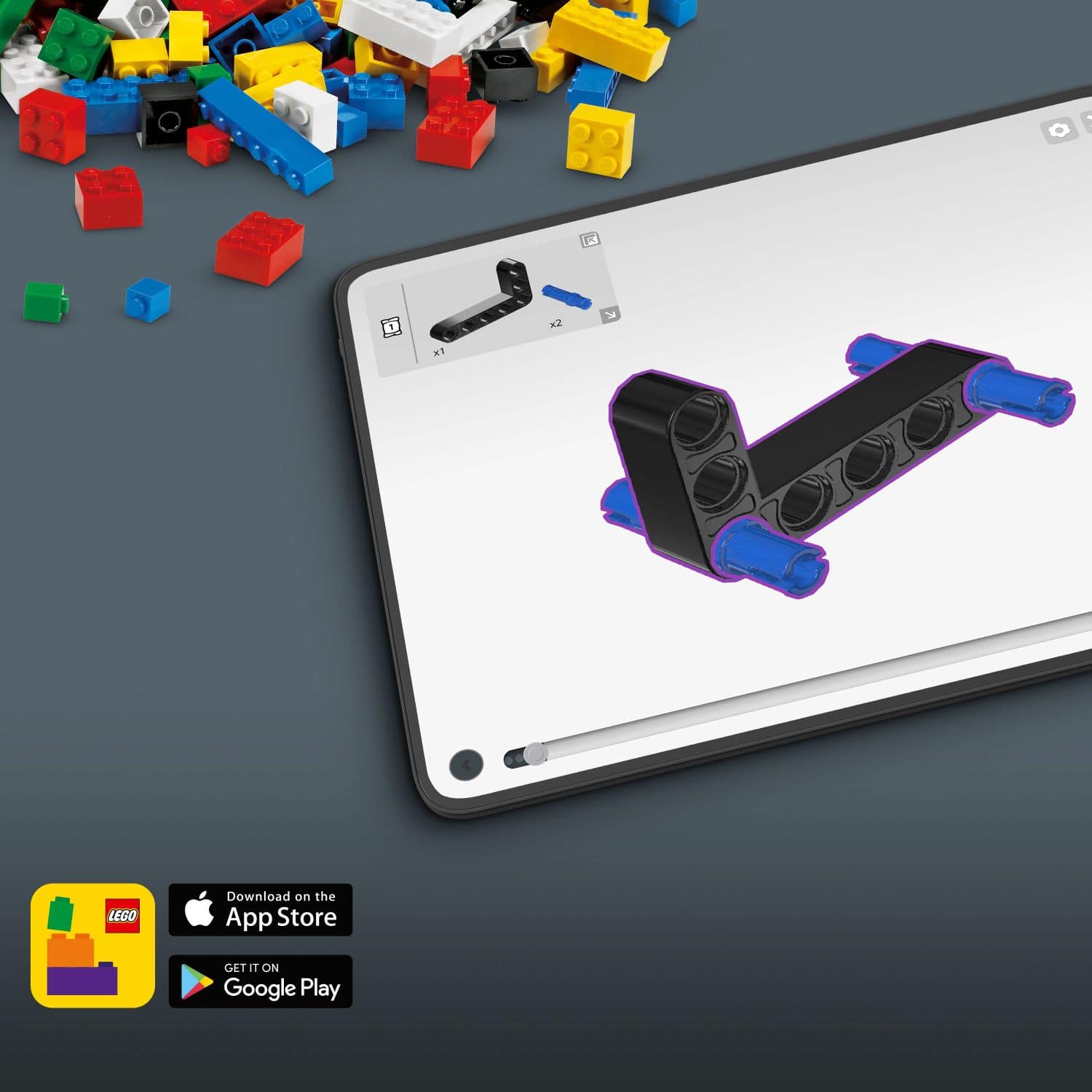 The image features a computer screen displaying a 3D model of a Lego creation. The Lego creation is a combination of various Lego pieces, including a car and a boat. The computer screen is placed on a table, surrounded by a pile of Lego blocks. The image is promoting the Lego app, which allows users to create and design their own Lego creations using the app.