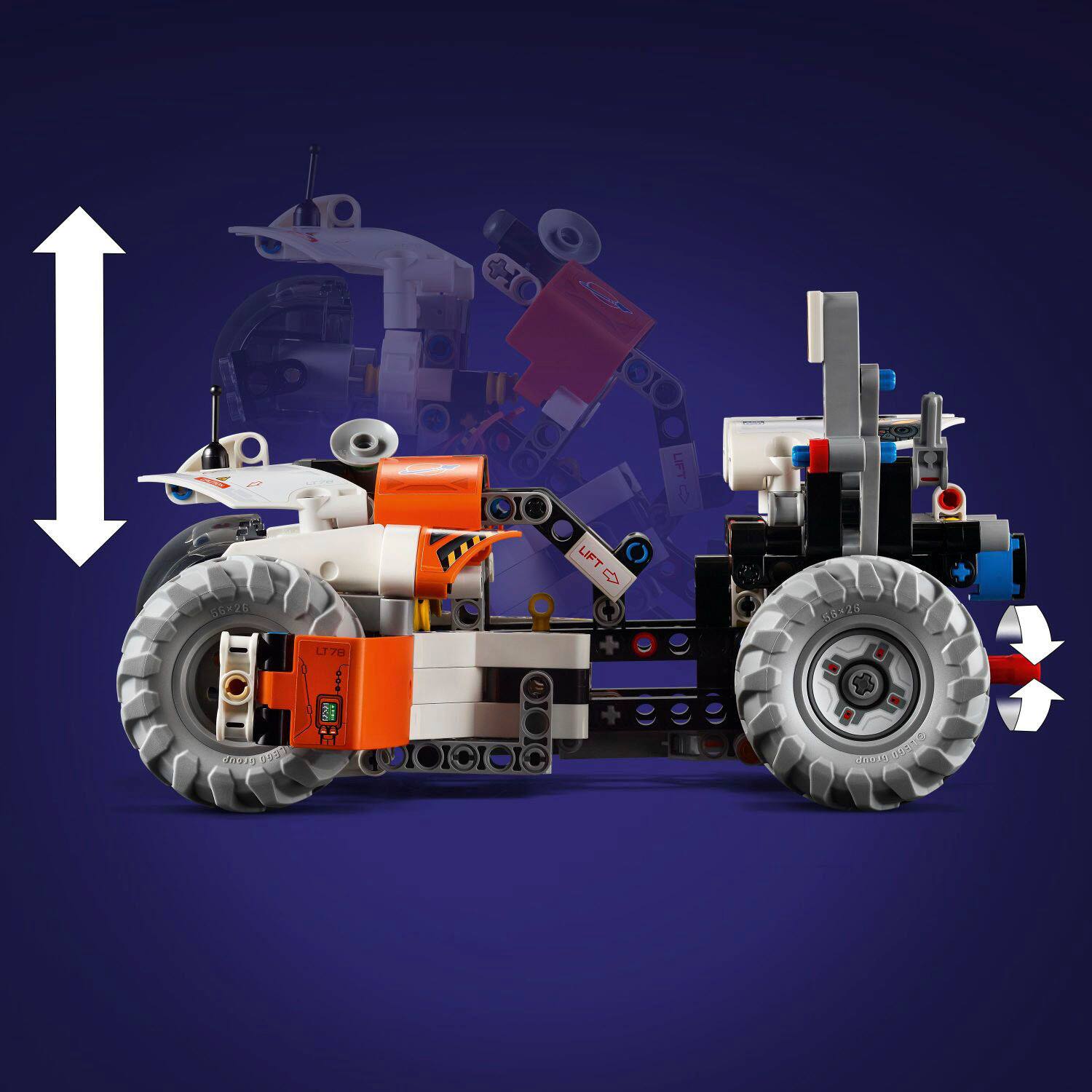 The image features a Lego toy car with a large tire, a red and white color scheme, and a motorcycle on the back. The car is built from Legos and has a unique design, making it an interesting and creative project.