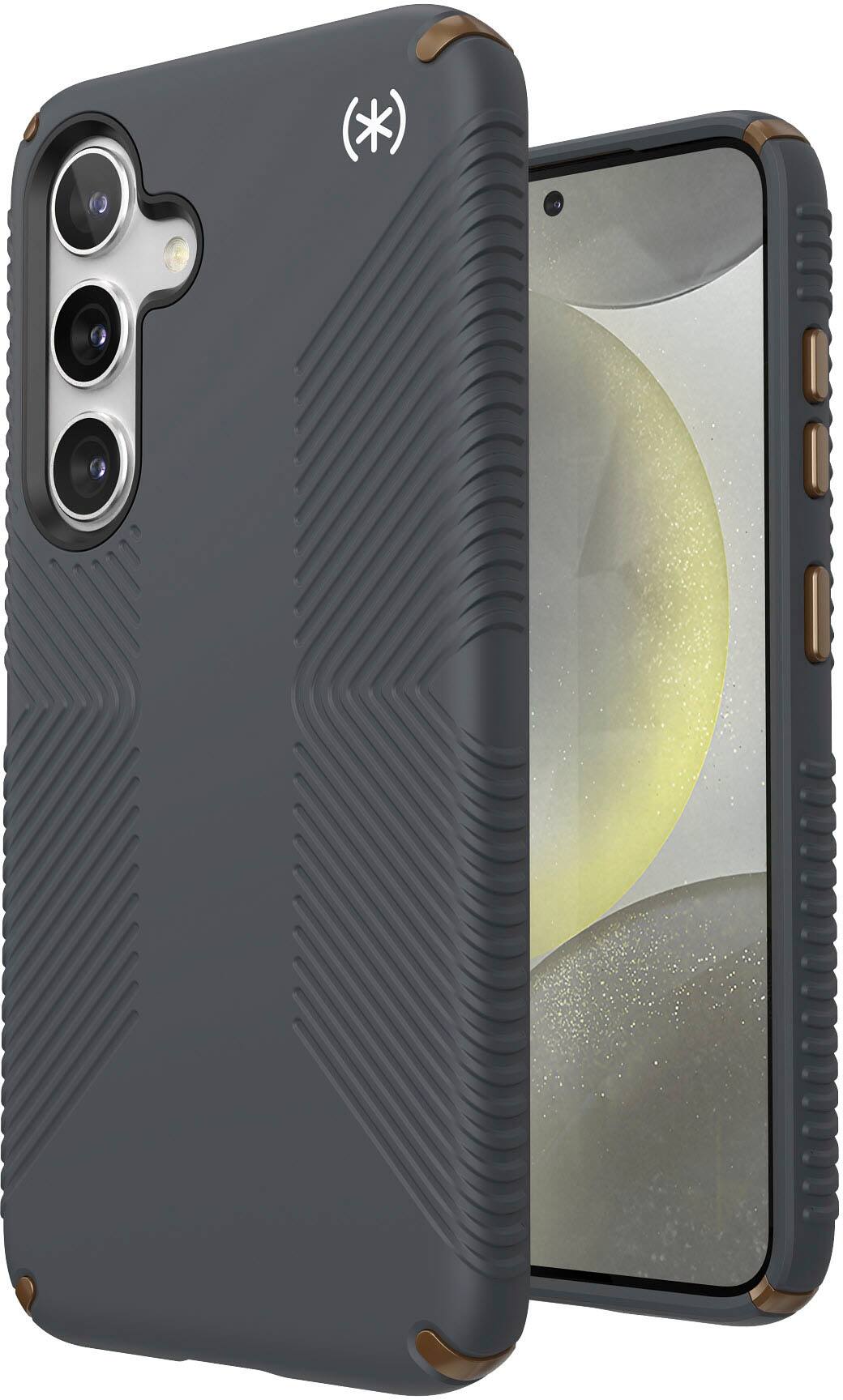 Angle. Speck - Presidio2 Grip Case for Samsung Galaxy S24 - Charcoal Gray.