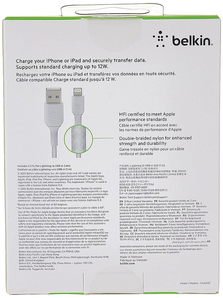 Angle. Belkin - BoostCharge Braided USB-A to Lightning Cable 3.3ft - White.