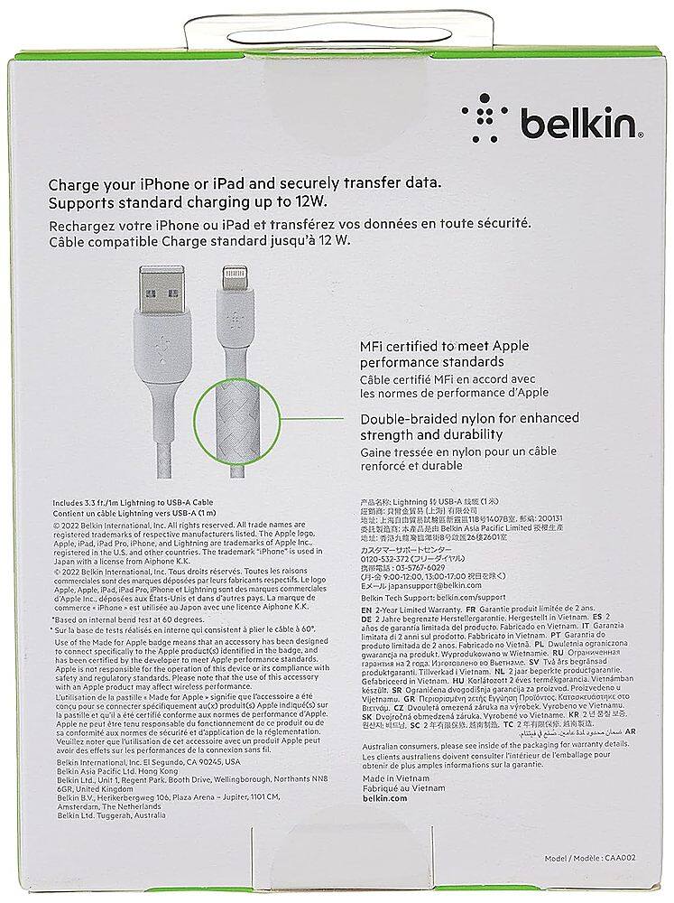 Angle. Belkin - BoostCharge Braided USB-A to Lightning Cable 3.3ft - White.