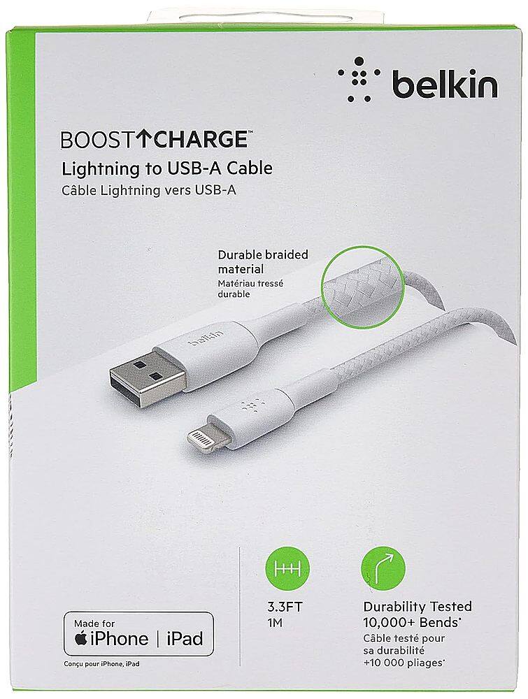 Left. Belkin - BoostCharge Braided USB-A to Lightning Cable 3.3ft - White.