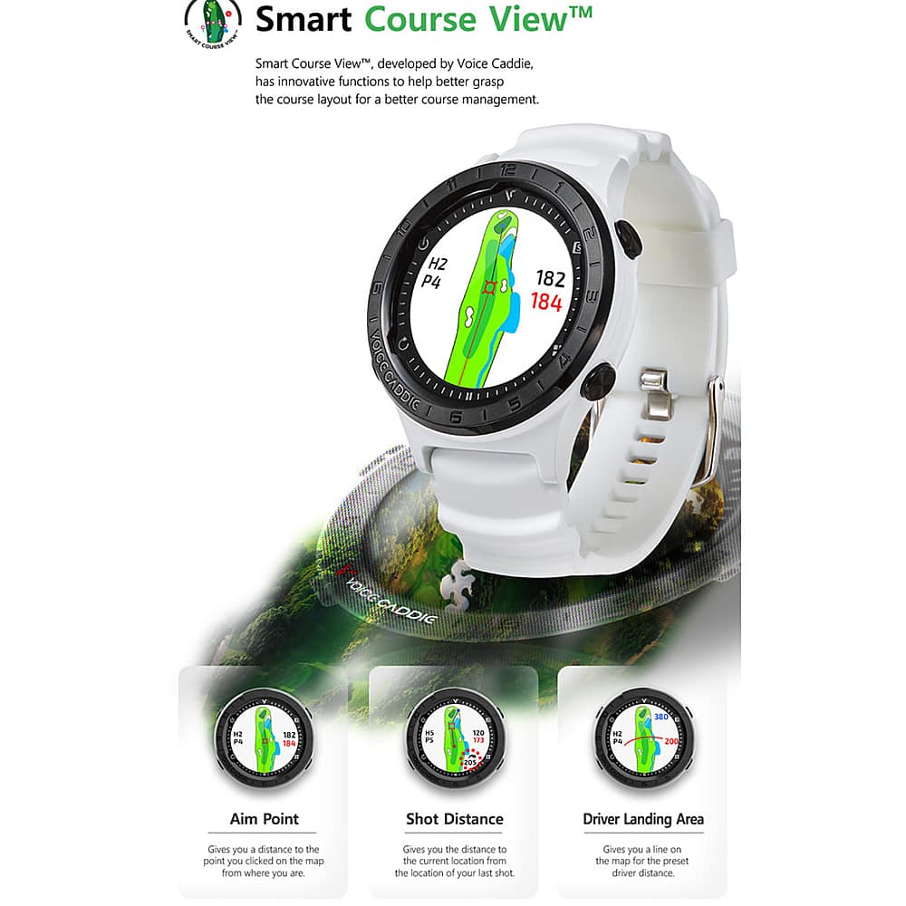 Smart Course View, developed by Voice Caddie, offers innovative functions to help better grasp the course layout for better course management. The watch displays various information, such as Aim Point, Shot Distance, Driver Landing Area, and more. These features provide golfers with essential information to improve their game and make better decisions on the course.