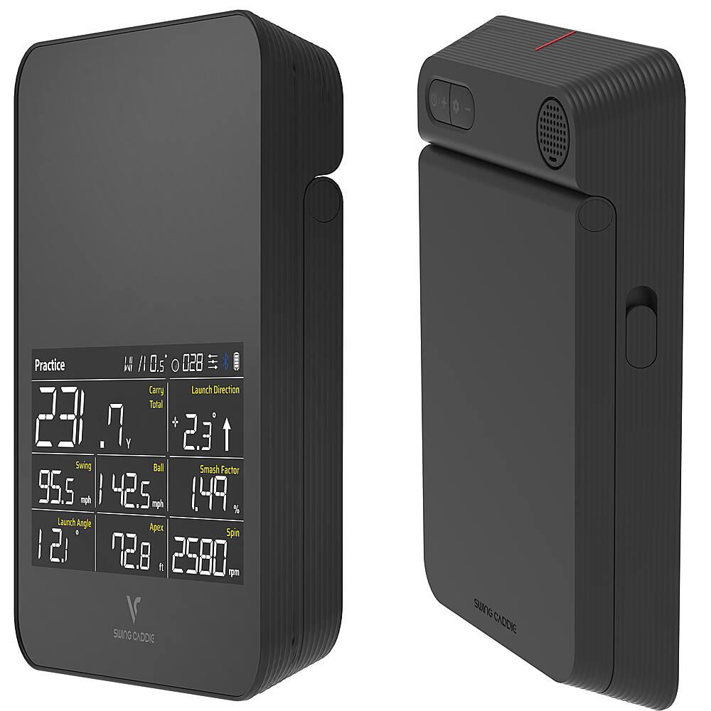 Left. VoiceCaddie - Swing Caddie SC4 Portable Golf Simulator and Golf Launch Monitor with Bluetooth Connectivity via Smartphone or Tablet - Black.