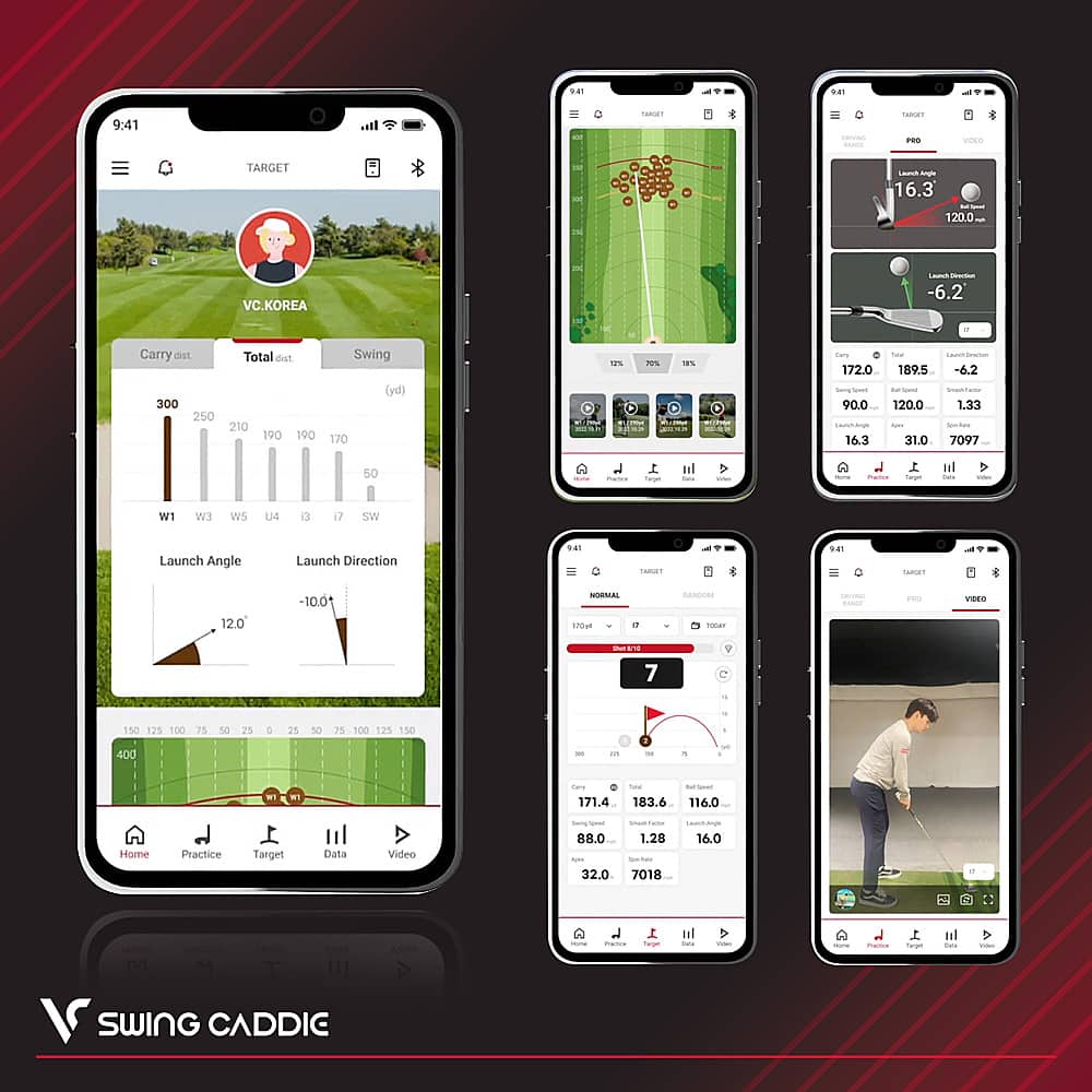 The image shows a collection of screens displaying various golf-related information. The screens are grouped together, showcasing different aspects of the game. The screens display information such as launch angle, launch direction, and swing data, as well as a video of a swing. The screens are arranged in a way that highlights the different elements of the game, providing a comprehensive view of the golfing experience.
