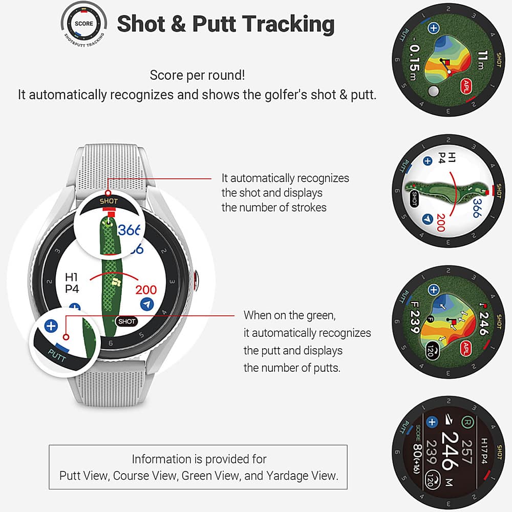 Shot & Putt Tracking
Score per round! It automatically recognizes and shows the golfer's shot & putt.
PUTT 9 SHOT + 1 P4 IH 200 E 366 SHOT H1 P4 + PUTT 200 SHOT When on the green, it automatically recognizes the putt and displays the number of putts.
PUTT 239 + F 2 E 246 APL 2 SHOT 2 Information is provided for Putt View, Course View, Green View, and Yardage View.
