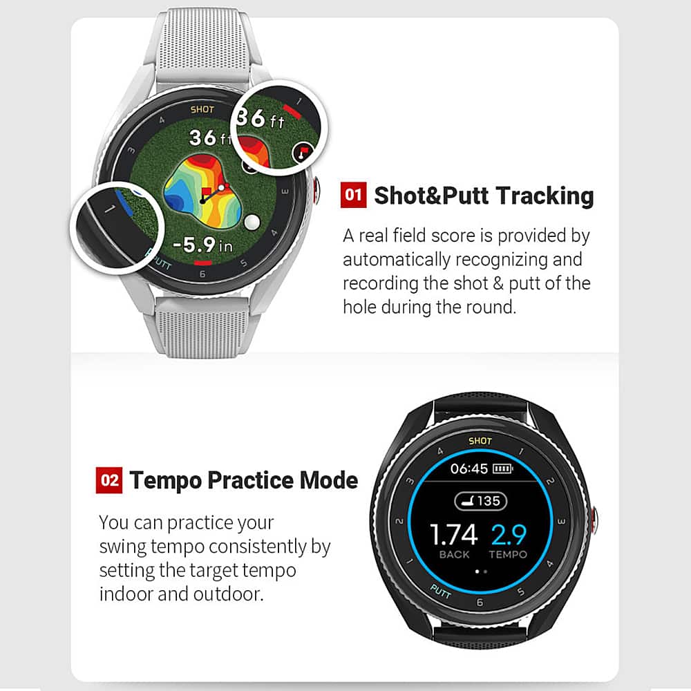 The text on the image is grouped as follows:
1. Shot&Putt Tracking: A real field score is provided by automatically recognizing and recording the shot & putt of the hole during the round.
2. Tempo Practice Mode: You can practice your swing tempo consistently by setting the target tempo indoor and outdoor.
3. Shot: You can practice your shot by setting the target distance and hole number.
4. Putt: You can practice your putt by setting the target distance and hole number.
5. Tempo: You can practice your swing tempo by setting the target tempo indoor and outdoor.
6. Back: You can practice your backswing by setting the target tempo indoor and outdoor.
7. Tempo Putt: You can practice your swing tempo and putt by setting the target tempo indoor and outdoor.
8. 01 Shot&Putt Tracking: A real field score is provided by automatically recognizing and recording the shot & putt of the hole during the round.
9. 02 Tempo Practice Mode: You can practice your swing tempo consistently by setting the target tempo indoor and outdoor.
10. 03 Tempo: You can practice your swing tempo by setting the target tempo indoor and outdoor.
11. 04 Tempo Putt: You can practice your swing tempo and putt by setting the target tempo indoor and outdoor.
12. 05 Shot: You can practice your shot by setting the target distance and hole number.
13. 06 Putt: You can practice your putt by setting the target distance and hole number.
14. 07 Back: You can practice your backswing by setting the target tempo indoor and outdoor.
15. 08 Tempo Putt: You can practice your swing tempo and putt by setting the target tempo indoor and outdoor.
16. 09 Shot&Putt Tracking: A real field score is provided by automatically recognizing and recording the shot & putt of the hole during the round.
17. 10 Tempo Practice Mode: You can practice your swing tempo consistently by setting the target tempo indoor and outdoor.
18. 11 Tempo: You can practice your swing tempo by setting