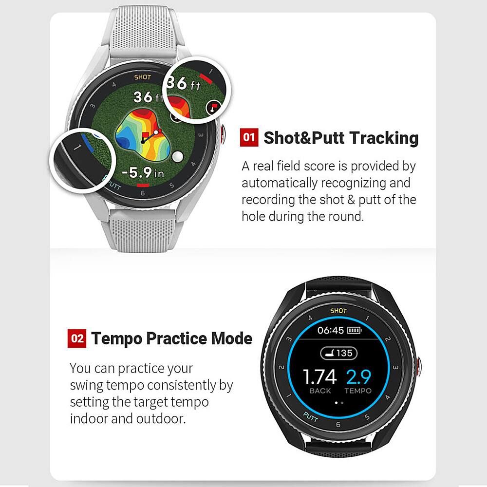 The text on the image is grouped as follows:

1. Shot&Putt Tracking: A real field score is provided by automatically recognizing and recording the shot & putt of the hole during the round.
2. Tempo Practice Mode: You can practice your swing tempo consistently by setting the target tempo indoor and outdoor.
3. Shot: You can practice your shot by setting the target distance and hole number.
4. Putt: You can practice your putt by setting the target distance and hole number.
5. Tempo: You can practice your swing tempo by setting the target tempo indoor and outdoor.
6. Back: You can practice your backswing by setting the target tempo indoor and outdoor.
7. Tempo Putt: You can practice your swing tempo and putt by setting the target tempo indoor and outdoor.
8. 01 Shot&Putt Tracking: A real field score is provided by automatically recognizing and recording the shot & putt of the hole during the round.
9. 02 Tempo Practice Mode: You can practice your swing tempo consistently by setting the target tempo indoor and outdoor.
10. 03 Tempo: You can practice your swing tempo by setting the target tempo indoor and outdoor.
11. 04 Tempo Putt: You can practice your swing tempo and putt by setting the target tempo indoor and outdoor.
12. 05 Shot: You can practice your shot by setting the target distance and hole number.
13. 06 Putt: You can practice your putt by setting the target distance and hole number.
14. 07 Back: You can practice your backswing by setting the target tempo indoor and outdoor.
15. 08 Tempo Putt: You can practice your swing tempo and putt by setting the target tempo indoor and outdoor.
16. 09 Shot&Putt Tracking: A real field score is provided by automatically recognizing and recording the shot & putt of the hole during the round.
17. 10 Tempo Practice Mode: You can practice your swing tempo consistently by setting the target tempo indoor and outdoor.
18. 11 Tempo: You can practice your swing tempo by setting
