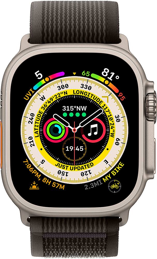 Angle. Apple - Geek Squad Certified Refurbished Apple Watch Ultra (GPS + Cellular) 49mm Titanium Case with Black/Gray Trail Loop - M/L - Titanium.