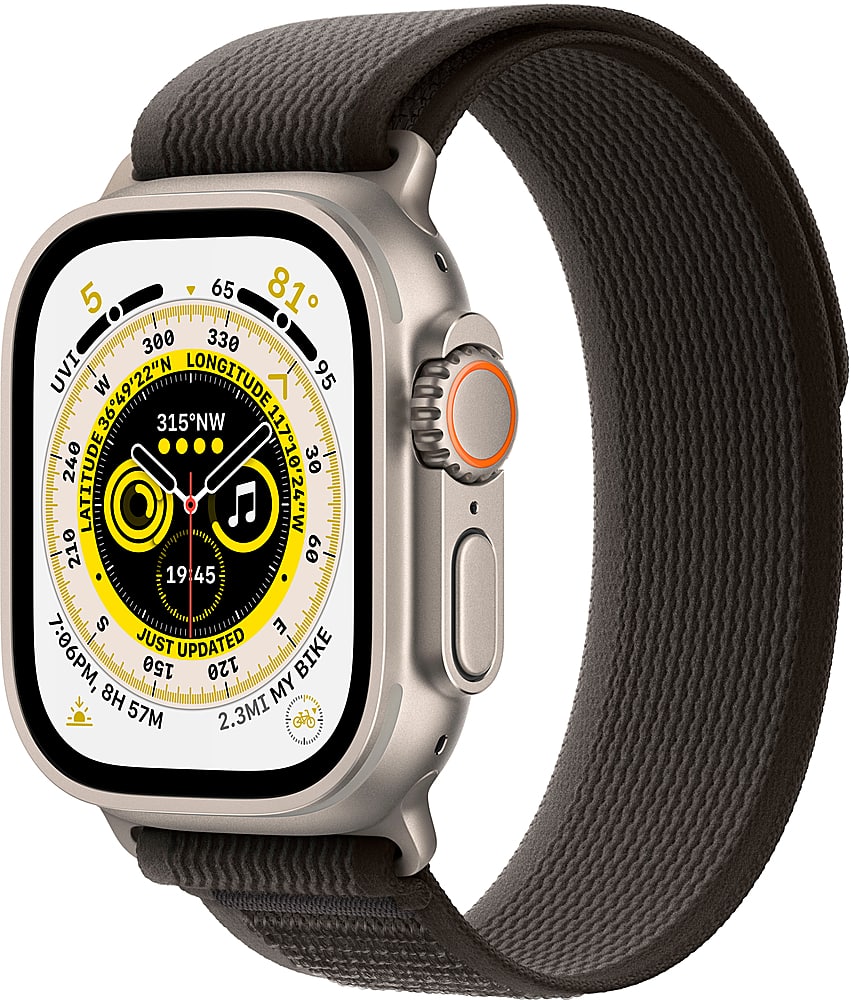 Apple Geek Squad Certified Refurbished Watch Ultra (GPS + Cellular) 49mm Titanium Case with Black/Gray Trail Loop - M/L - Silver - (2022) - Front_Zoom