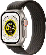 Front. Apple - Geek Squad Certified Refurbished Apple Watch Ultra (GPS + Cellular) 49mm Titanium Case with Black/Gray Trail Loop - M/L - Titanium.