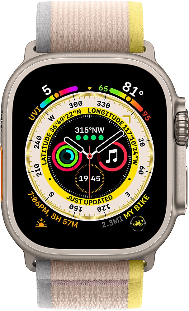 Angle. Apple - Refurbished Apple Watch Ultra (GPS + Cellular) 49mm Titanium Case with Yellow/Beige Trail Loop - M/L - Titanium.