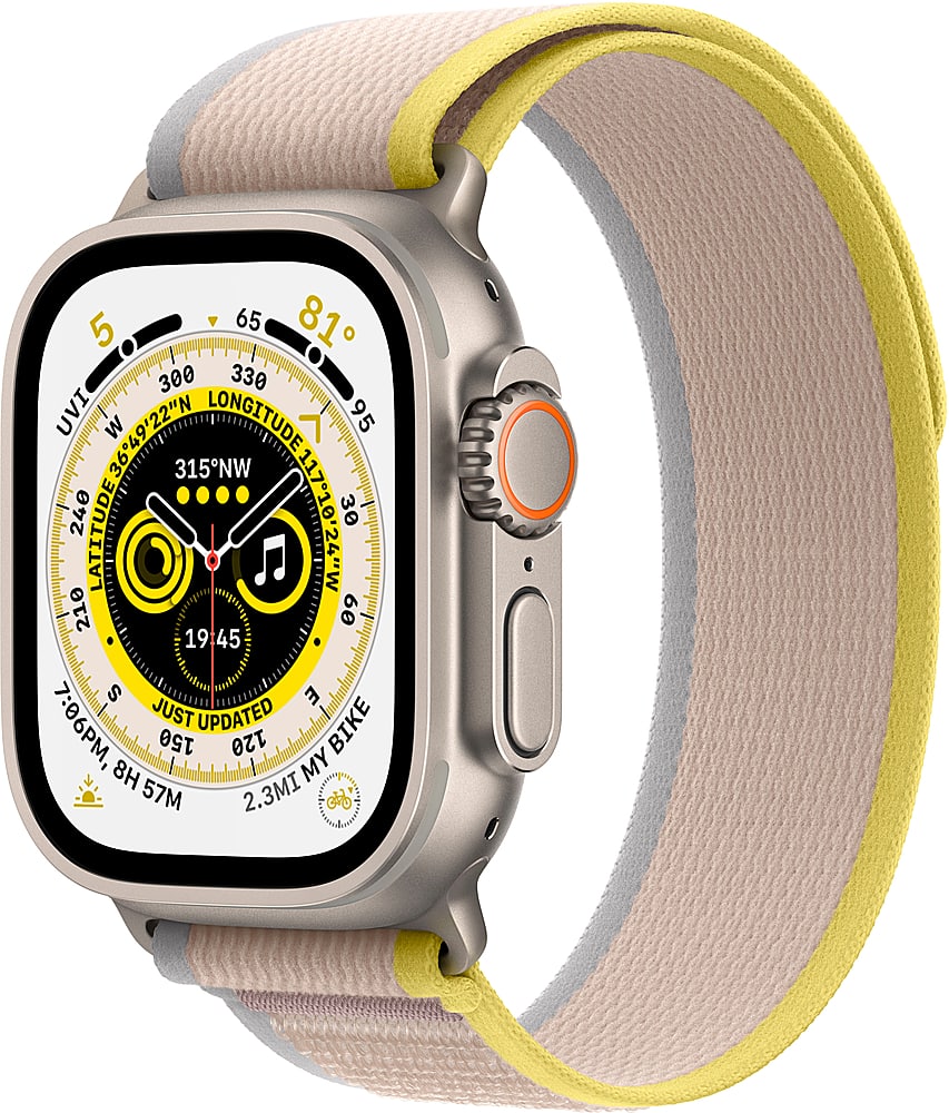 Front. Apple - Refurbished Apple Watch Ultra (GPS + Cellular) 49mm Titanium Case with Yellow/Beige Trail Loop - M/L - Titanium.