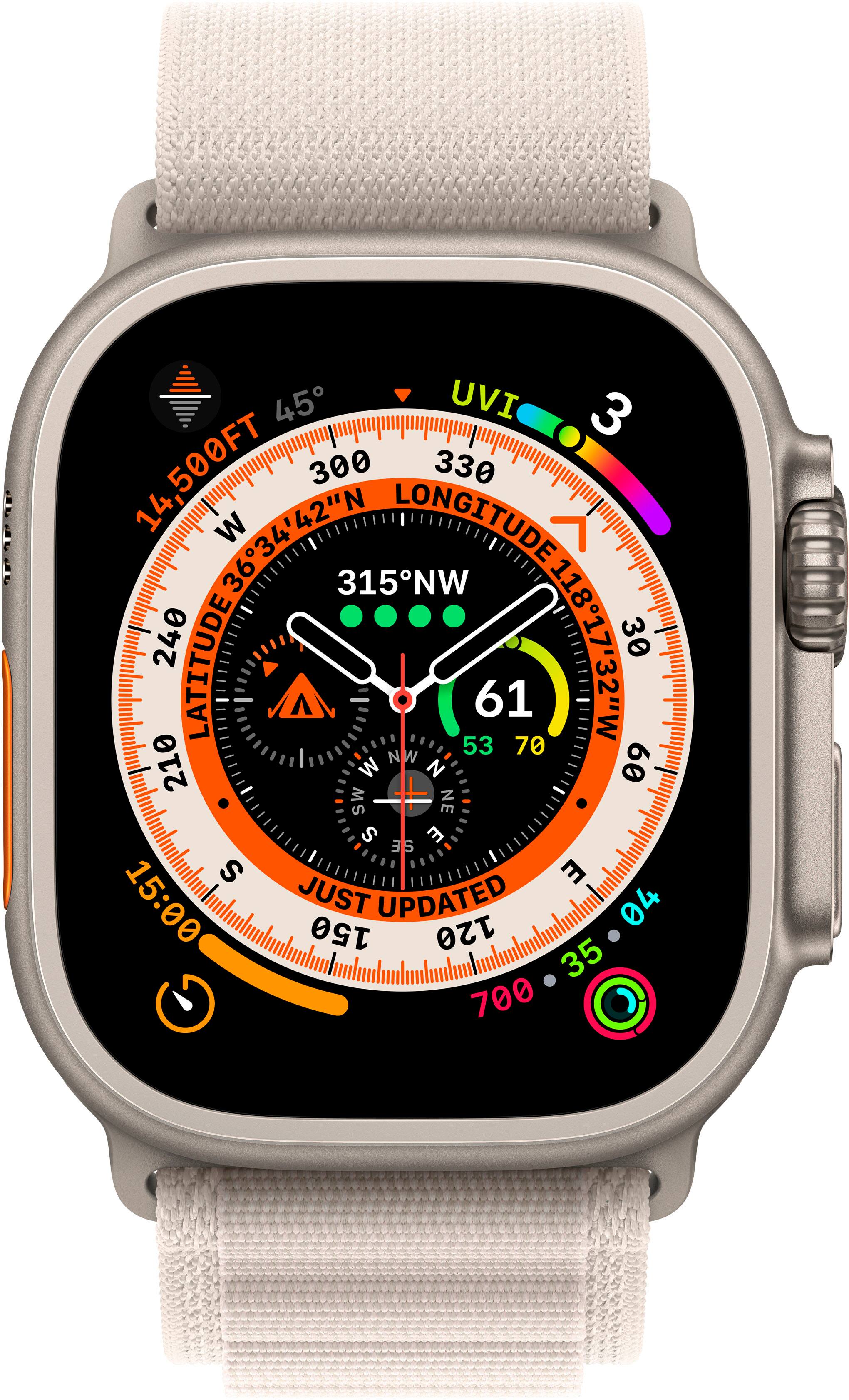 Angle. Apple - Refurbished Apple Watch Ultra (GPS + Cellular) 49mm Titanium Case with Starlight Alpine Loop - Large - Titanium.