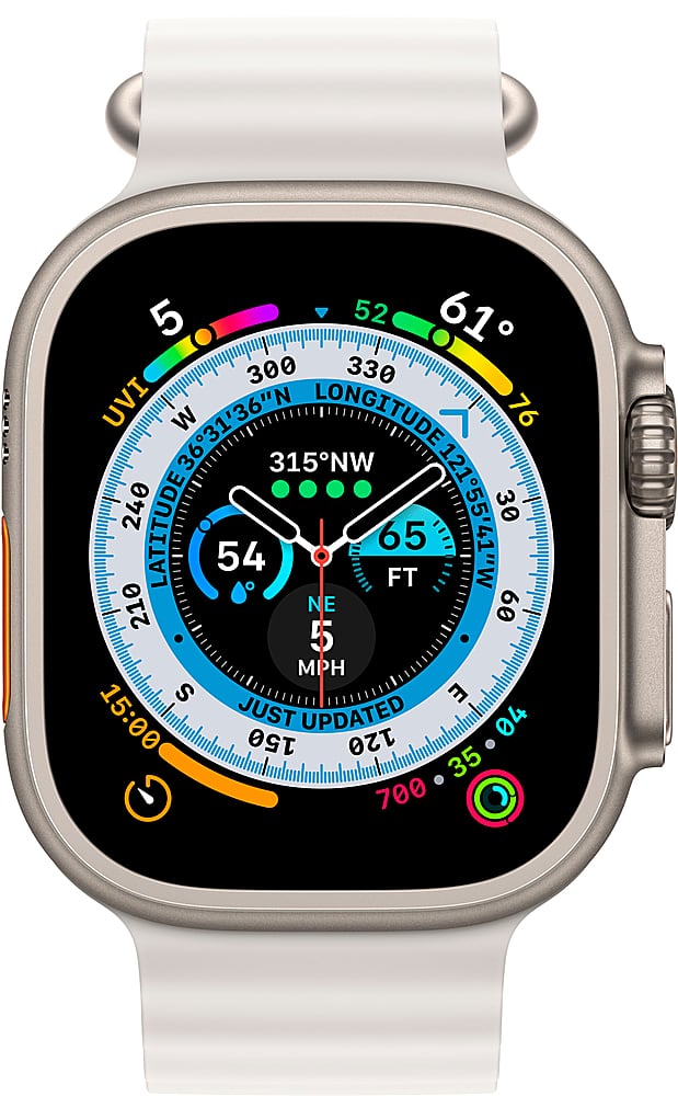 Angle. Apple - Geek Squad Certified Refurbished Apple Watch Ultra (GPS + Cellular) 49mm Titanium Case with White Ocean Band - Titanium.