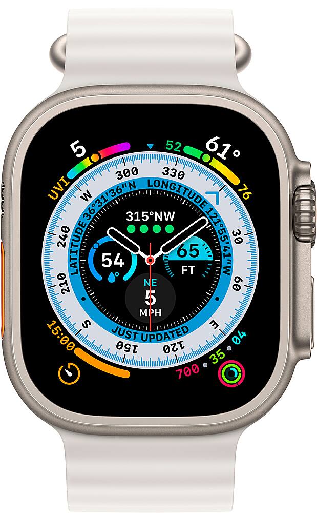 Angle. Apple - Geek Squad Certified Refurbished Apple Watch Ultra (GPS + Cellular) 49mm Titanium Case with White Ocean Band - Titanium.
