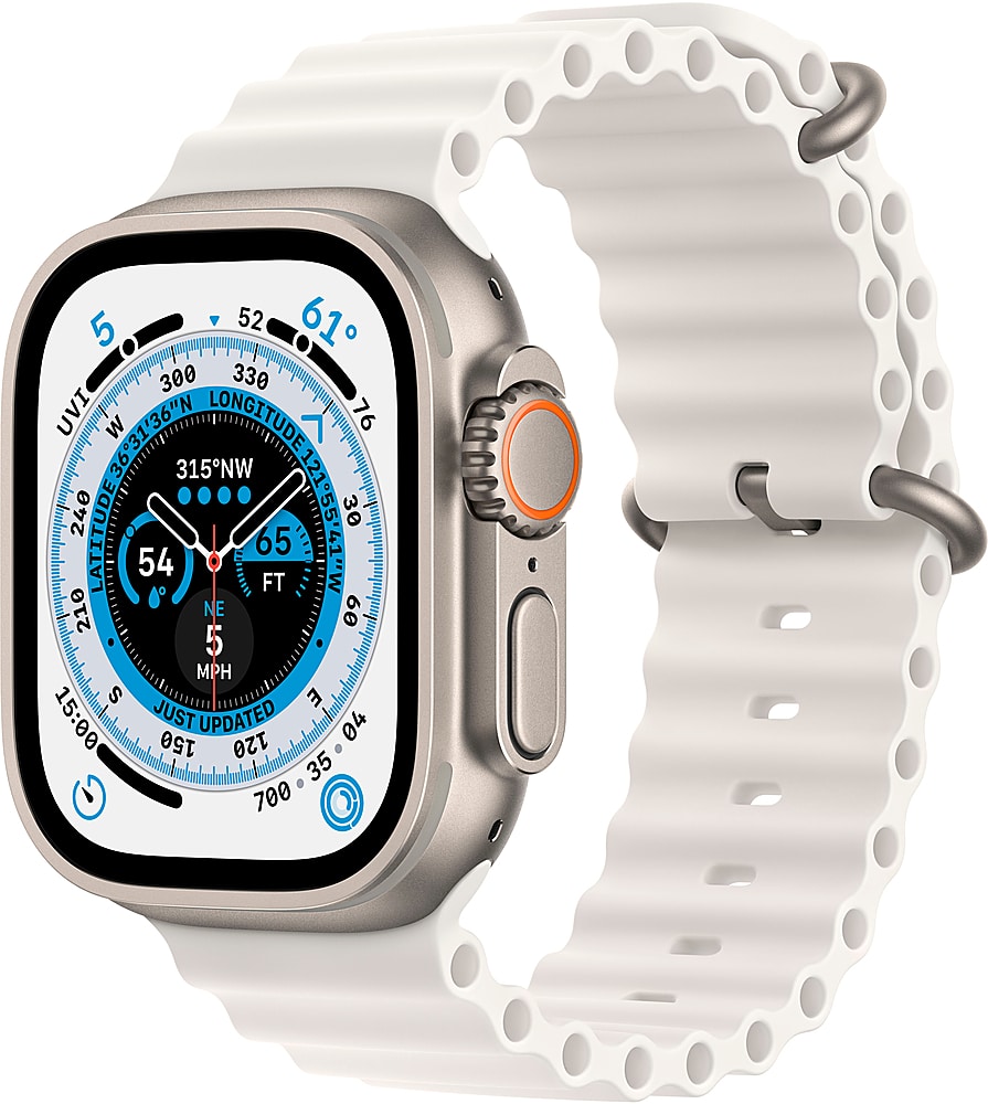 Apple Geek Squad Certified Refurbished Watch Ultra (GPS + Cellular) 49mm Titanium Case with White Ocean Band - Silver - (2022) - Front_Zoom