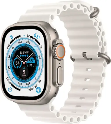 Front. Apple - Geek Squad Certified Refurbished Apple Watch Ultra (GPS + Cellular) 49mm Titanium Case with White Ocean Band - Titanium.