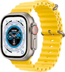 Front. Apple - Geek Squad Certified Refurbished Apple Watch Ultra (GPS + Cellular) 49mm Titanium Case with Yellow Ocean Band - Titanium.