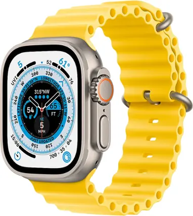 Front. Apple - Geek Squad Certified Refurbished Apple Watch Ultra (GPS + Cellular) 49mm Titanium Case with Yellow Ocean Band - Titanium.