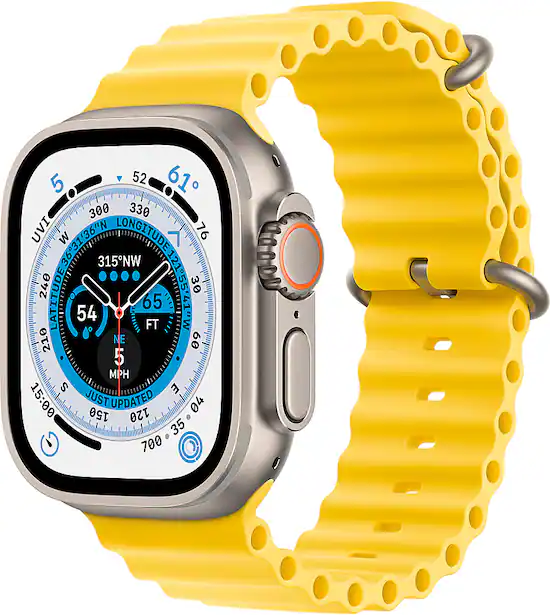 Apple Geek Squad Certified Refurbished Watch Ultra GPS Cellular 49mm Titanium Case with Yellow Ocean Band Silver TI GSRF MNH93LL A Best Buy