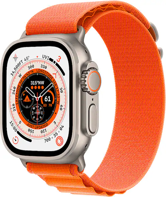 Apple Geek Squad Certified Refurbished Watch Ultra GPS Cellular 49mm Titanium Case with Orange Alpine Loop Small Silver 2022 TI GSRF MNHA3LL A Best Buy