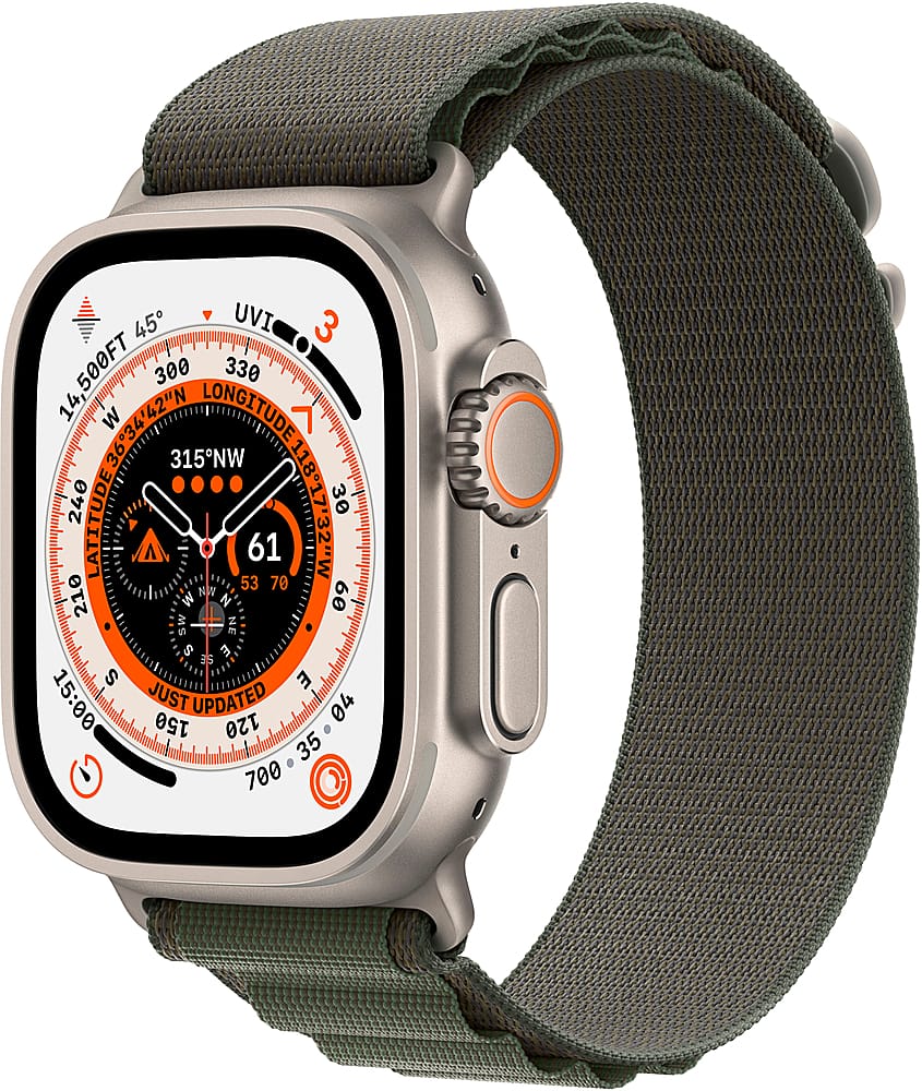 Front. Apple - Geek Squad Certified Refurbished Apple Watch Ultra (GPS + Cellular) 49mm Titanium Case with Green Alpine Loop - Small - Titanium.