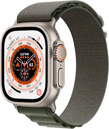Front. Apple - Geek Squad Certified Refurbished Apple Watch Ultra (GPS + Cellular) 49mm Titanium Case with Green Alpine Loop - Small - Titanium.