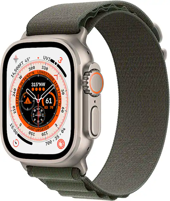 Apple Geek Squad Certified Refurbished Watch Ultra GPS Cellular 49mm Titanium Case with Green Alpine Loop Small Silver TI GSRF MNHC3LL A Best Buy