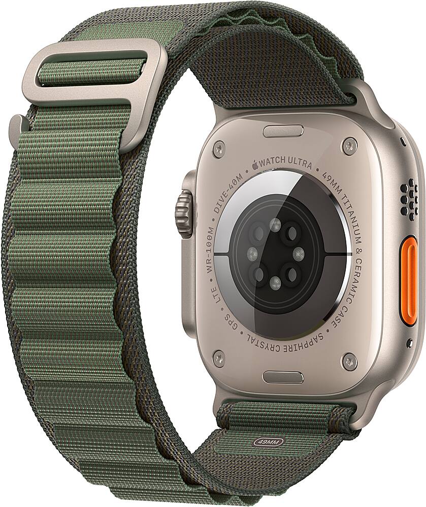 Left. Apple - Geek Squad Certified Refurbished Apple Watch Ultra (GPS + Cellular) 49mm Titanium Case with Green Alpine Loop - Small - Titanium.