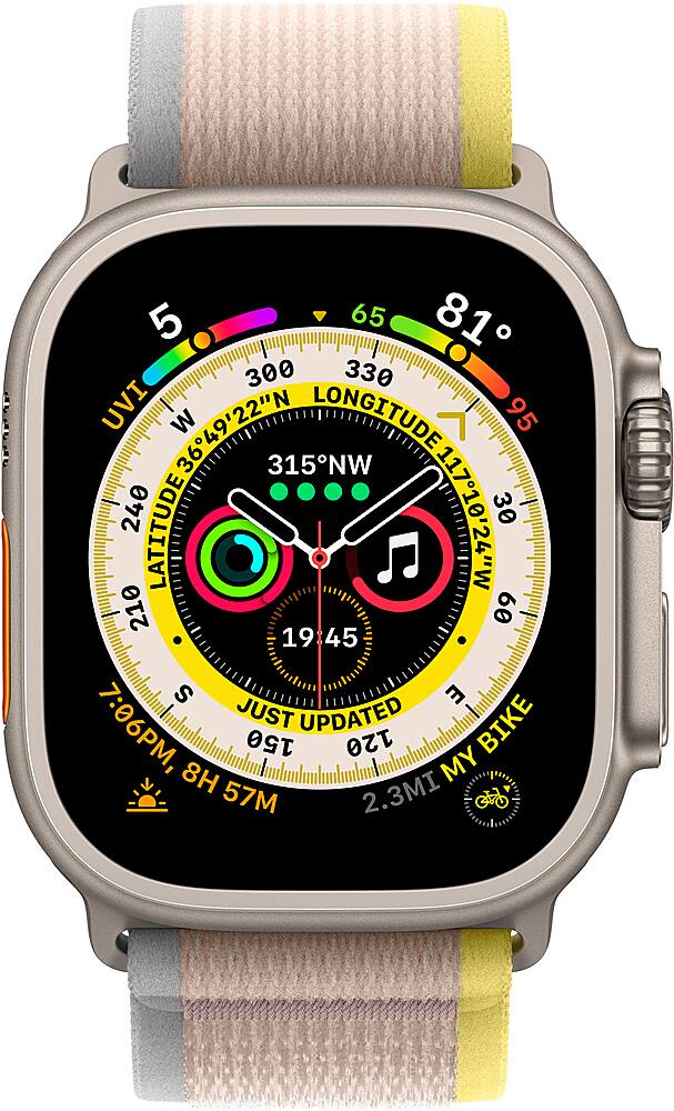 Angle. Apple - Refurbished Apple Watch Ultra (GPS + Cellular) 49mm Titanium Case with Yellow/Beige Trail Loop - S/M - Titanium.