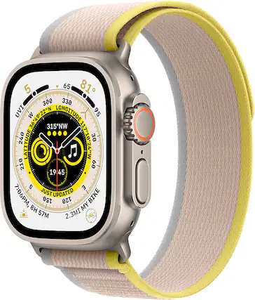 Front. Apple - Refurbished Apple Watch Ultra (GPS + Cellular) 49mm Titanium Case with Yellow/Beige Trail Loop - S/M - Titanium.