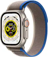 Front. Apple - Geek Squad Certified Refurbished Apple Watch Ultra (GPS + Cellular) 49mm Titanium Case with Blue/Gray Trail Loop - S/M - Titanium.