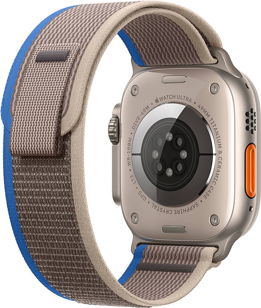 Left. Apple - Geek Squad Certified Refurbished Apple Watch Ultra (GPS + Cellular) 49mm Titanium Case with Blue/Gray Trail Loop - S/M - Titanium.