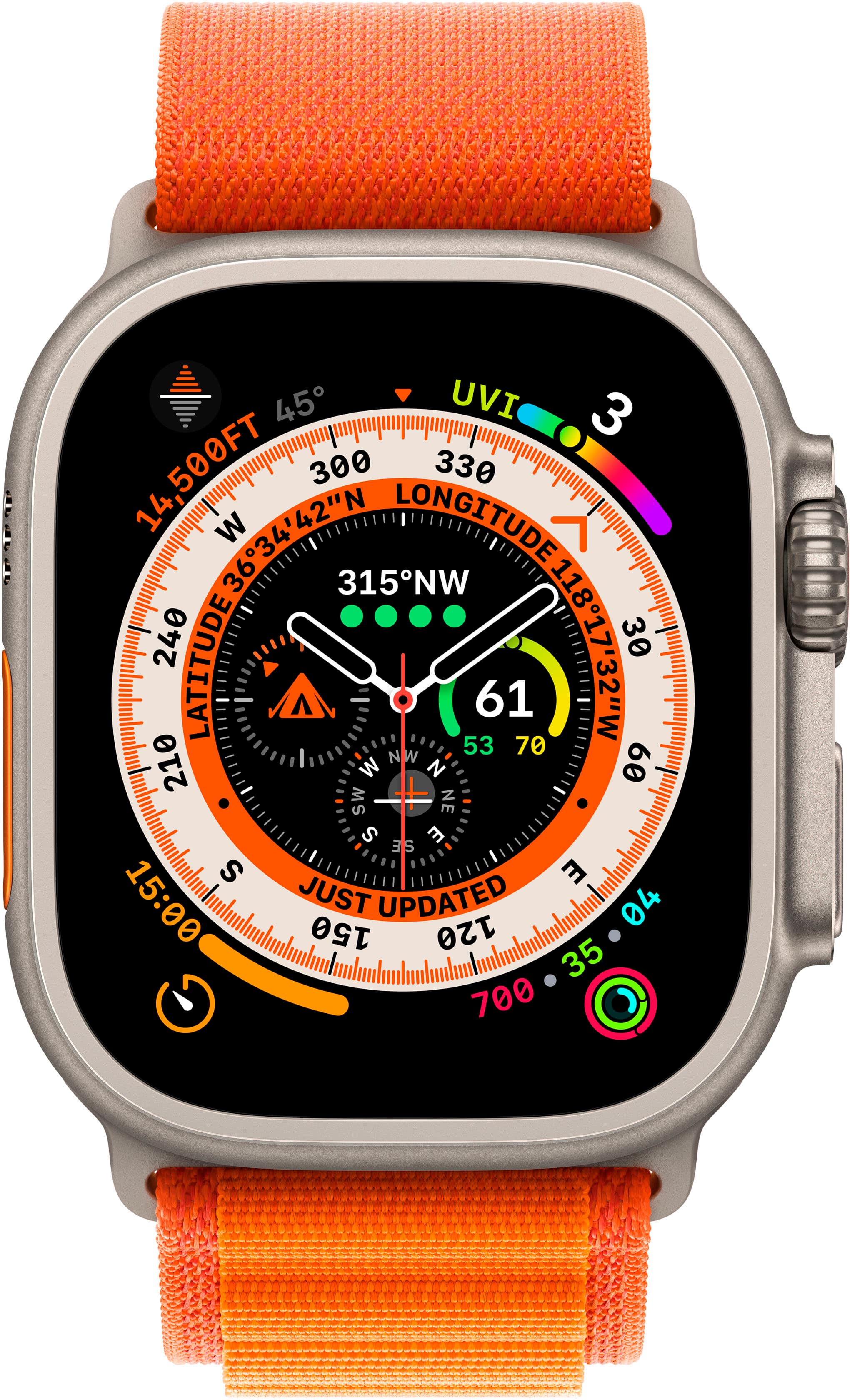 Angle. Apple - Geek Squad Certified Refurbished Apple Watch Ultra (GPS + Cellular) 49mm Titanium Case with Orange Alpine Loop - Medium - Titanium.