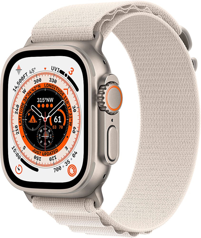 Front. Apple - Refurbished Apple Watch Ultra (GPS + Cellular) 49mm Titanium Case with Starlight Alpine Loop - Small - Titanium.