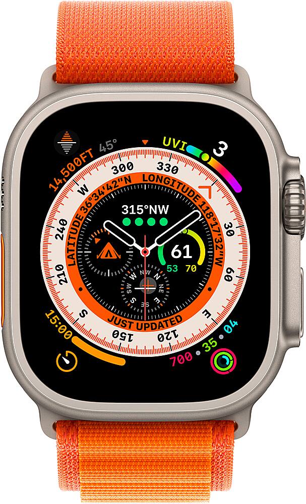 Angle. Apple - Geek Squad Certified Refurbished Apple Watch Ultra (GPS + Cellular) 49mm Titanium Case with Orange Alpine Loop - Large - Titanium.