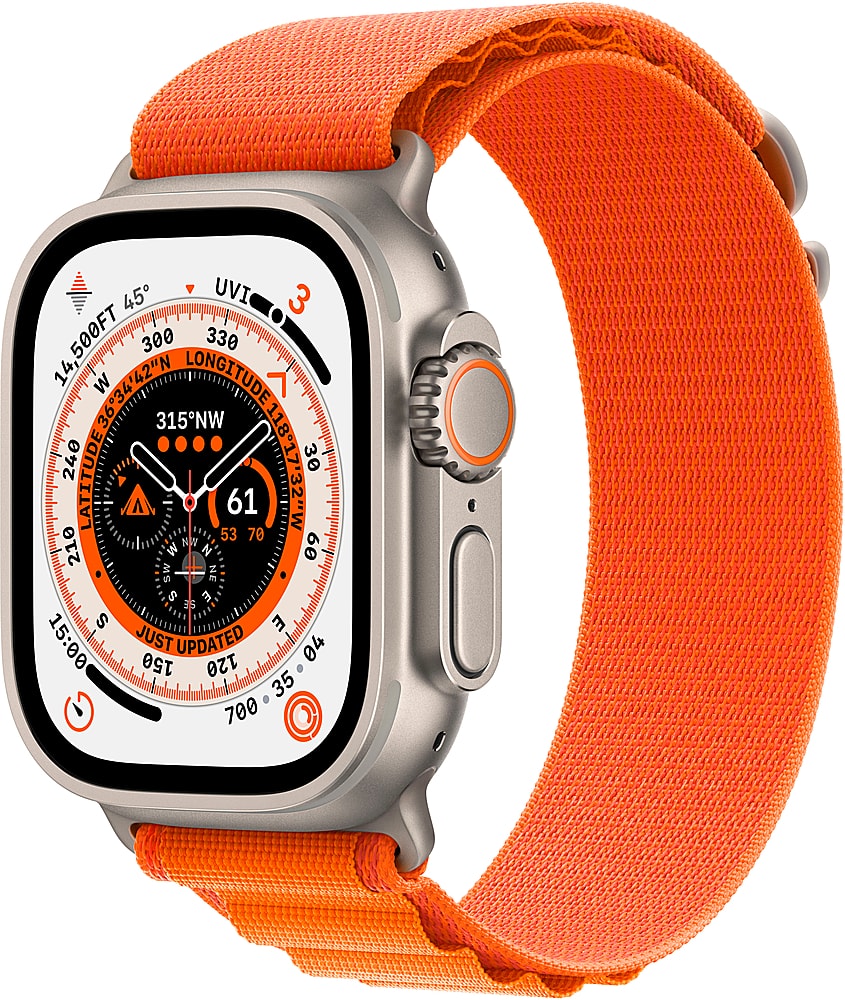 Apple Geek Squad Certified Refurbished Watch Ultra (GPS + Cellular) 49mm Titanium Case with Orange Alpine Loop - Large - Titanium - (2022) - Front_Zoom